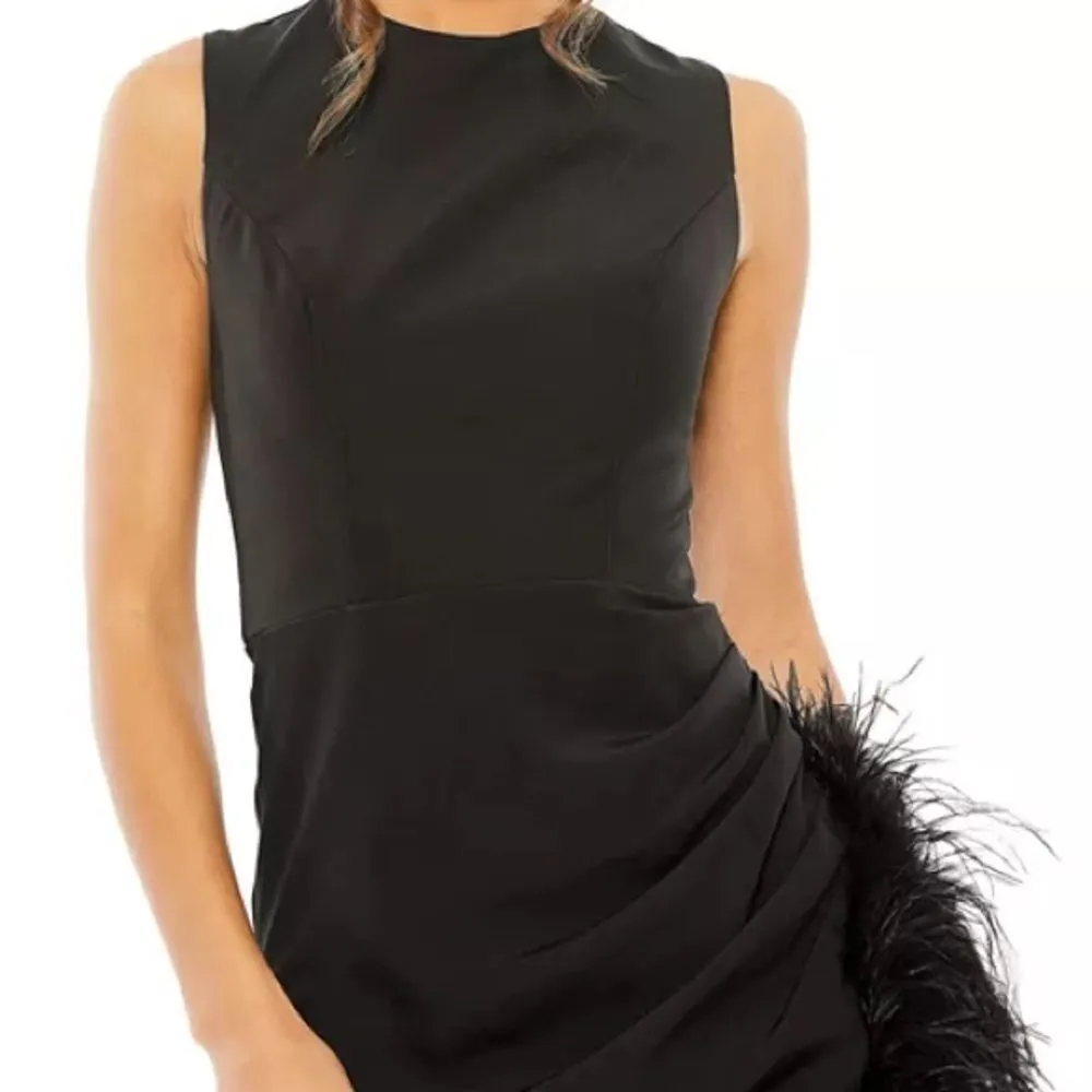 MAC DUGGAL 11626 Black Sleeveless Faux Wrap Dress with Feather Detail - Image 4