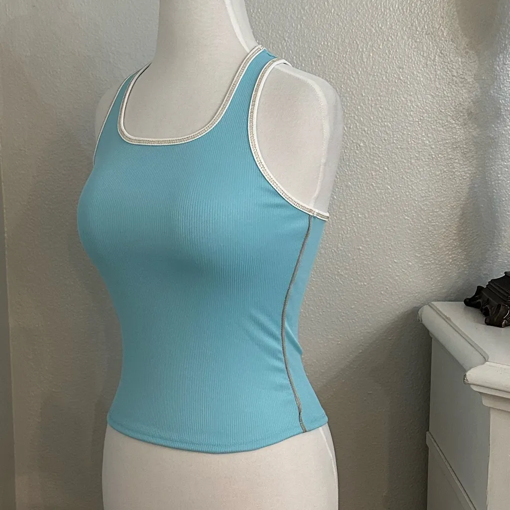 NWOT Lucky In Love Racer Back Crop Tennis Tank Top Turquoise Blue Size XS - Image 2