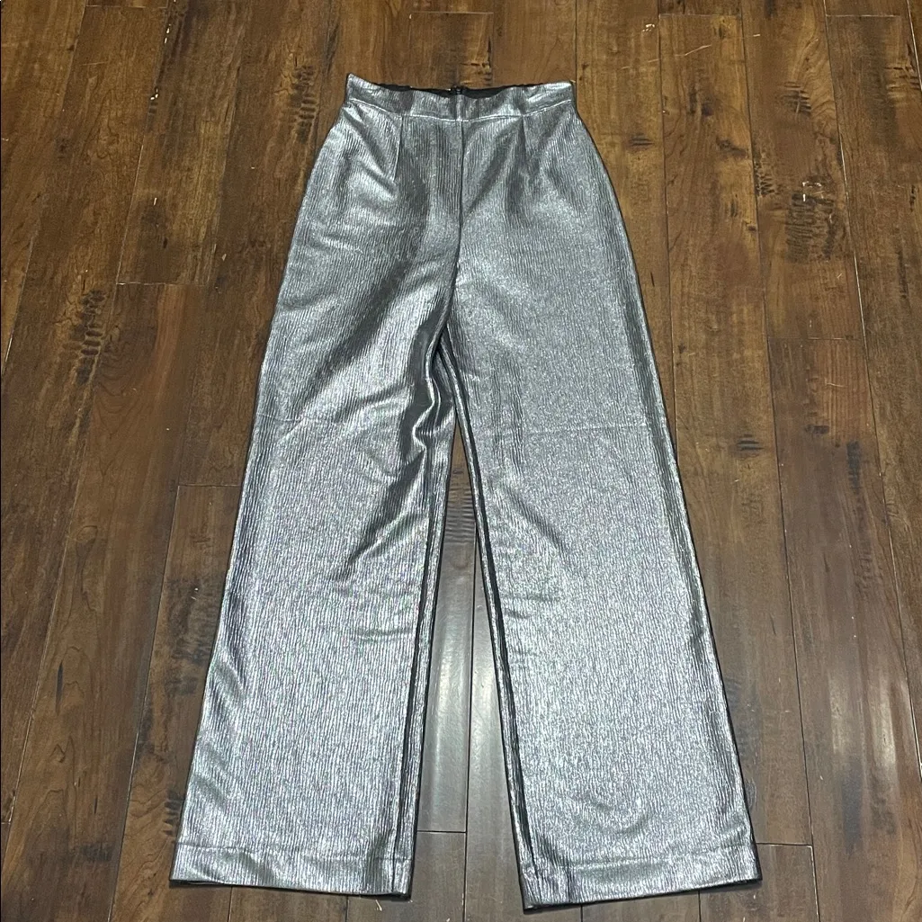 Anthropologie Hutch Silver Metallic Wide Leg High Rise Pants Size Small NWT - Image 7