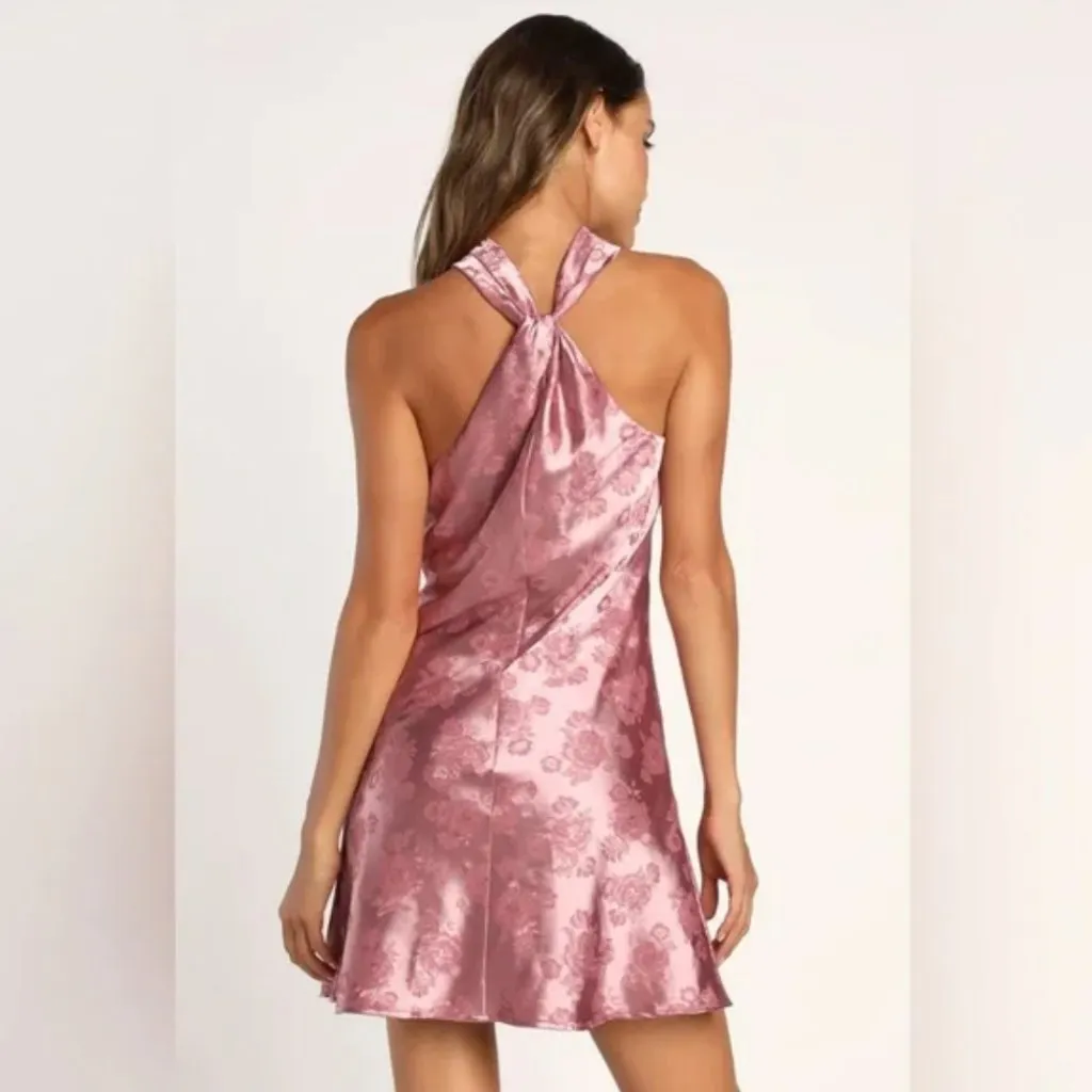 Lulus Got the Key Mauve Satin Floral Jacquard Halter Slip Mini Dress Pink Size M - Image 3
