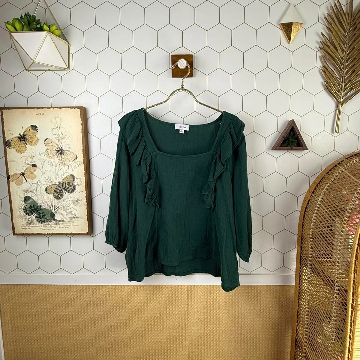 Evereve Dark Green Francine Ruffle Elbow Length Gauze Top - Size - Large - Image 2