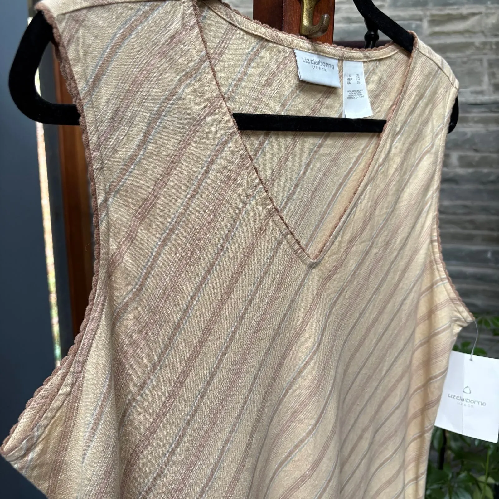 Vintage NWT Liz Claiborne 100% Linen Neutral Stripe Maxi Dress size XL - Image 4