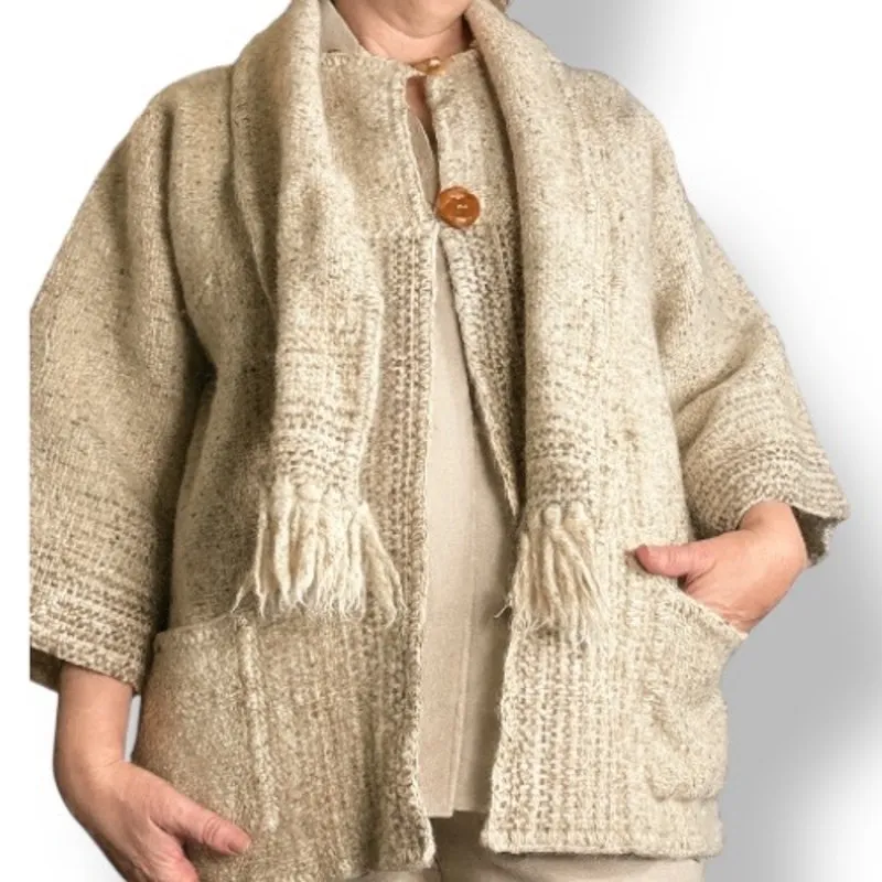 Vintage Shepherds Harvest Wool Cardigan Oatmeal Knit Fringe Scarf Jacket Large Tan - Image 12