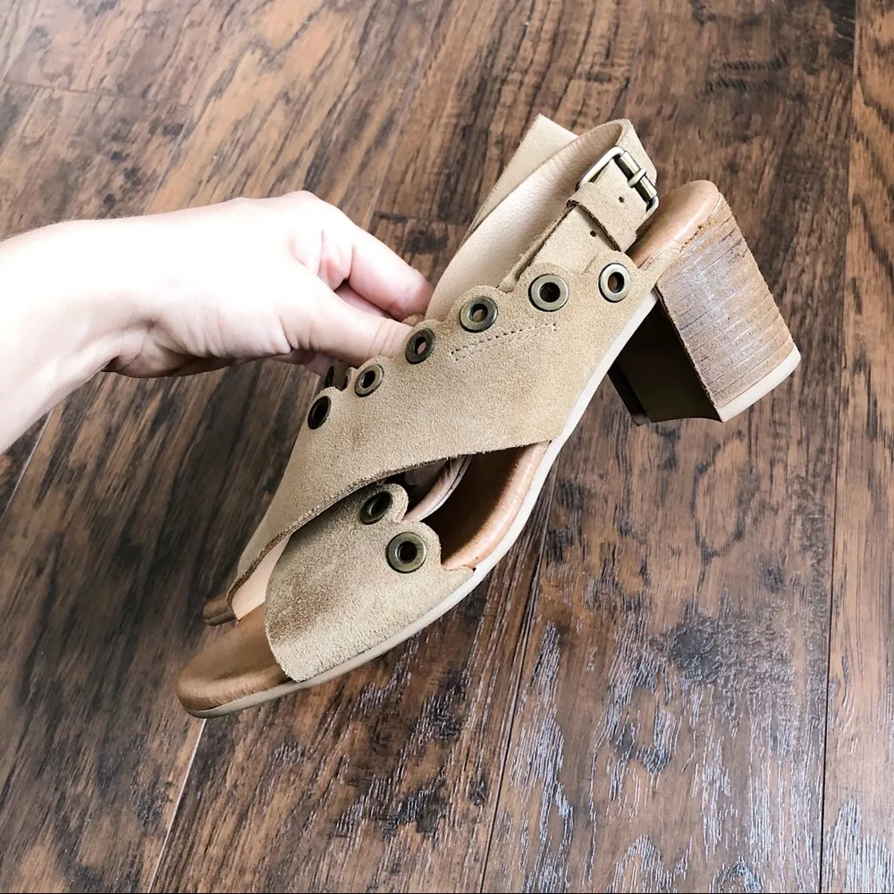 Eric Michael • Emma mid-heel comfort sandal sand suede grommet scallop block - Image 8