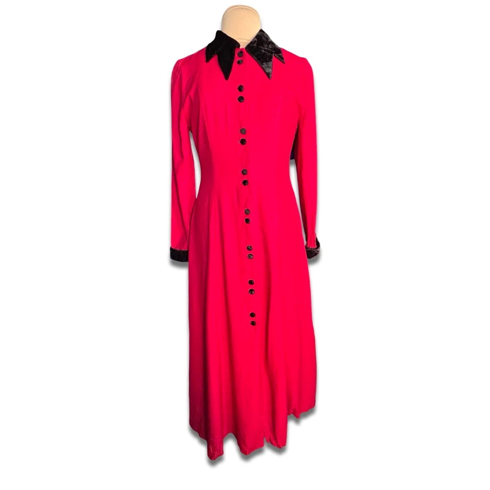 Vintage Red Maxi Dress Black Velvet Collar Button Front Gothic Dark Romance 12 - Image 11