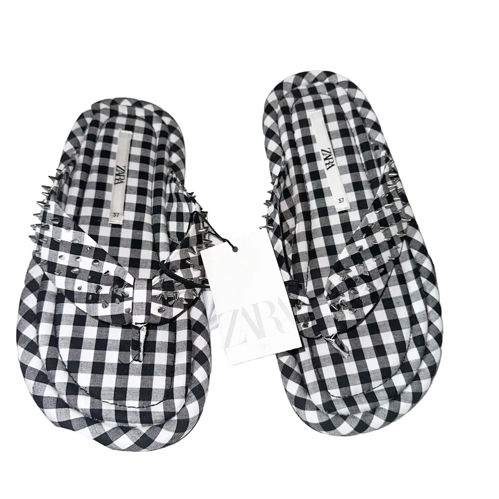 NWT Zara Studded Quilted Sandals Gingham Bloggers Fav - Image 9