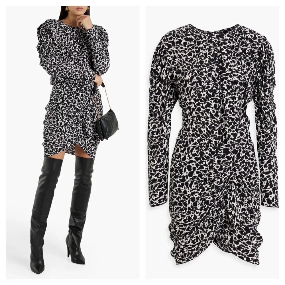 Isabel Marant Etoile Selwyn Ruched Printed Mini Dress Long Sleeve Black White 34 - Image 2