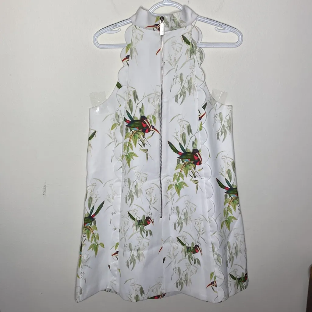 Ted Baker Toriat Tutti Frutti Scallop trimmed mini dress with bird print US sz 8 White - Image 4