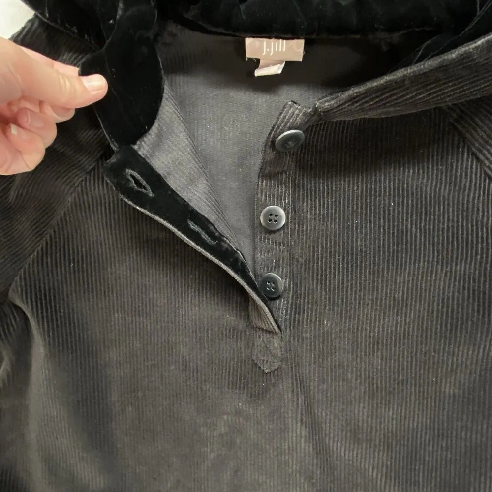 J Jill Jacket Womens S Velvet Hooded Tumble Corduroy button pullover‎ hoodie Black - Image 3