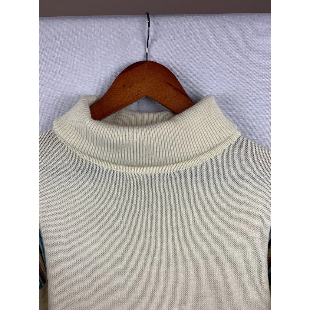 Vintage Cream Knit Dress With Striped Sleeves & Turtleneck - Image 5