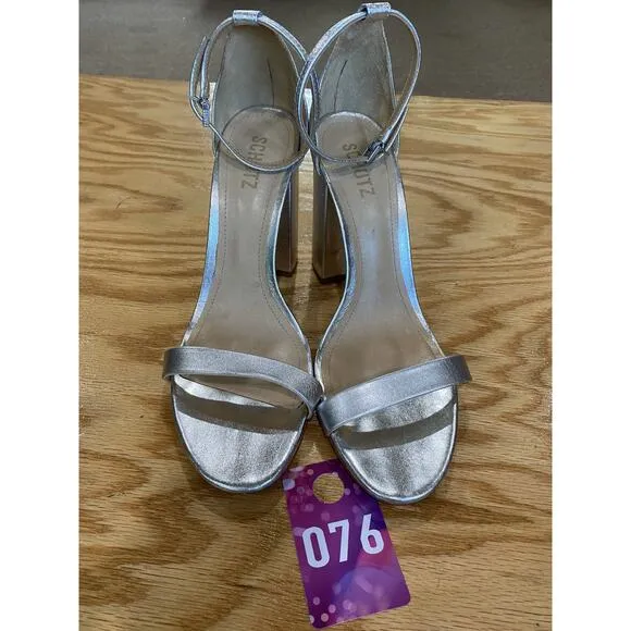 Schutz Women's 11 B Silver Leather Ankle Strap Buckle Open Toe Block Heel - Image 2