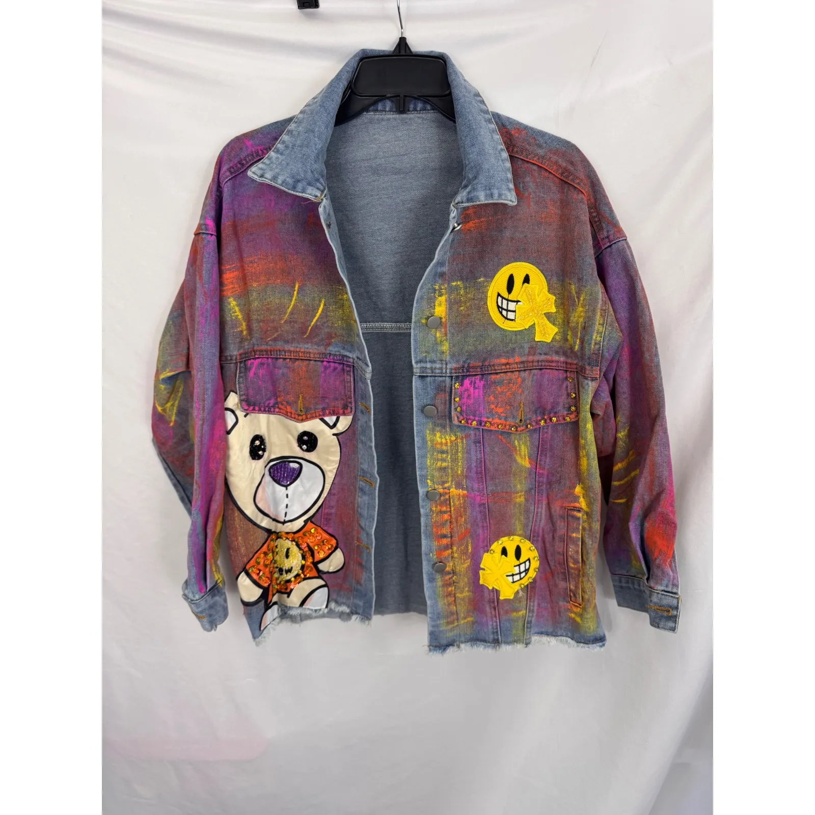 Denim Jacket Colorful Painted Teddy Bear Smiley Face Oversized L/XL Blue Size L - Image 4