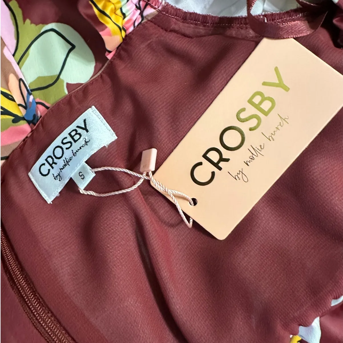 Crosby by Mollie Burch Mini Dress Puff Sleeve Burgundy Floral Babydoll New - Image 3