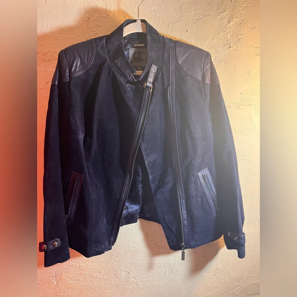 Suede Navy Blue 100% Leather Jacket M silver Asymmetrical Zipper moto classic Size M - Image 16