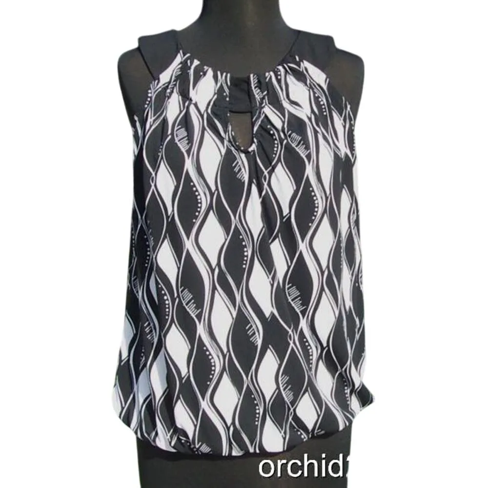 Cache Stretch Bubble Wave Top Cut In Sleeve Black White Key Hole New NWT $88 - Image 2
