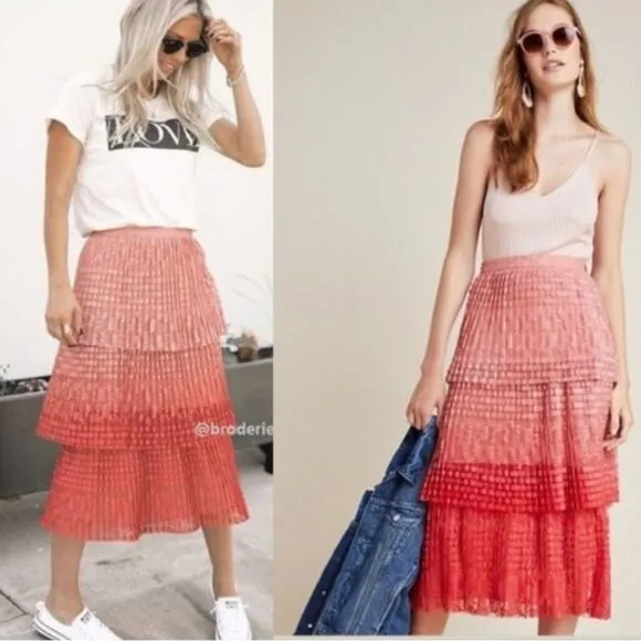 Anthropologie Maeve NWT Brighton Tiered Midi Skirt Ombre Lace Pink Tiered 8 - Image 2