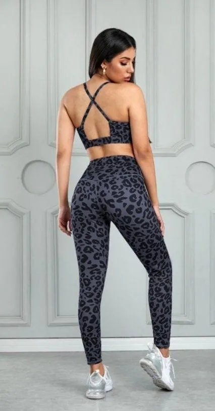 BEST SELLER Sexy Grey Charcoal Leopard Print Activewear Set Gray - Image 5