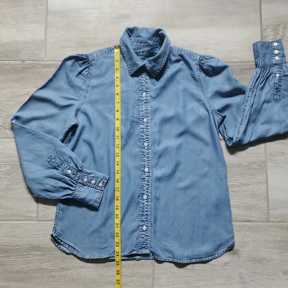 Lauren Ralph Lauren Puffed Sleeve Chambray Button Down Shirt Blue Size undefined - Image 10