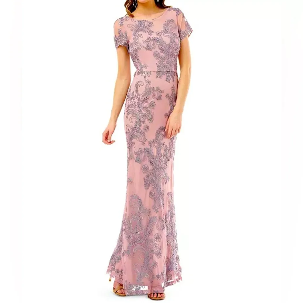 JS Collections Pink and Silver Embroidered Floral Lace Short Sleeve A-line Gown - Image 5