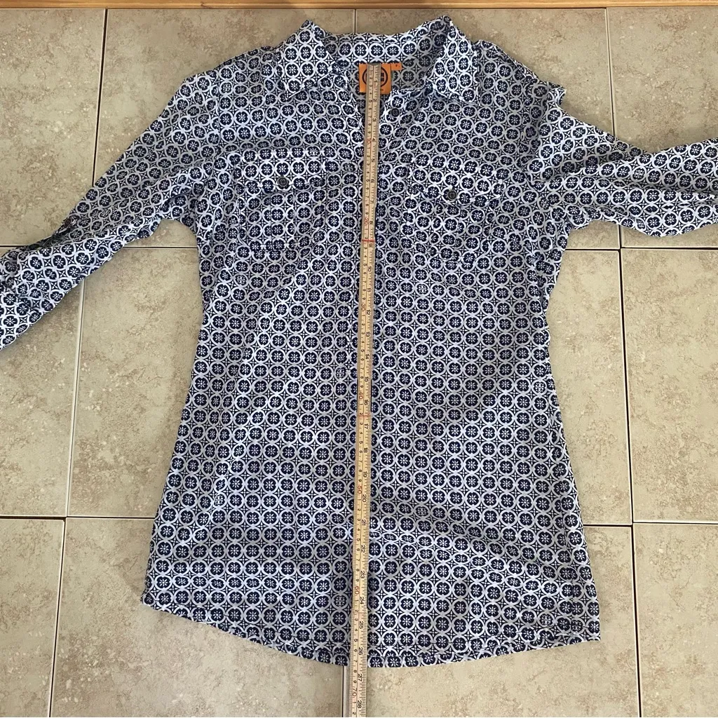 Tory Burch Blouse Top Blue White Square Signature T Cotton Shirt‎ Size 4 - Image 6