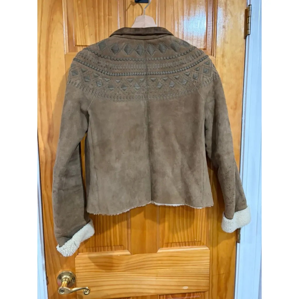 Theory Shearling Suede Embroidered Jacket Brown Lamb Fur Sherpa Lined Sz 4 read - Image 6