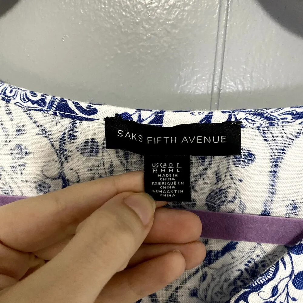 Saks Fifth Avenue Blue Printed Linen Smocked A-line Summer Mini Dress M - Image 2