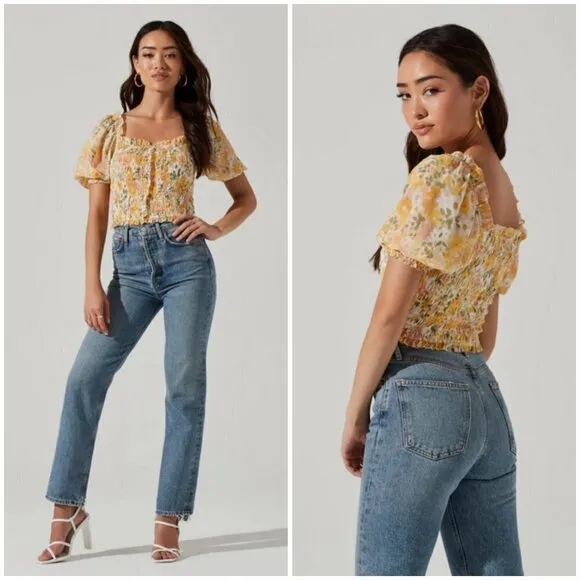 💕ASTR💕 Floral Smocked Half Sleeve Top ~ Yellow Pink Floral Print Large L NWT - Image 2