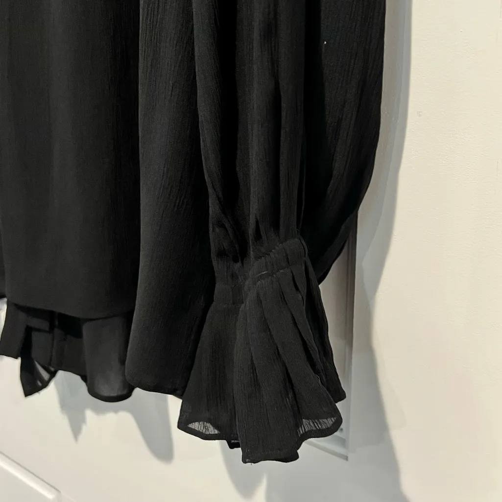 Frame 100% Silk Pleated Ruffle Trim Long Sleeve Blouse Large Sheer V Neck Black - Image 8