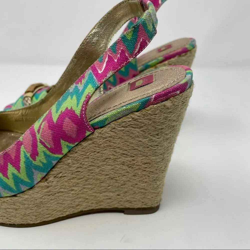 Elaine Turner Harper Batik Print Wedge Sandals Pink and Green Size 6.5 - Image 3