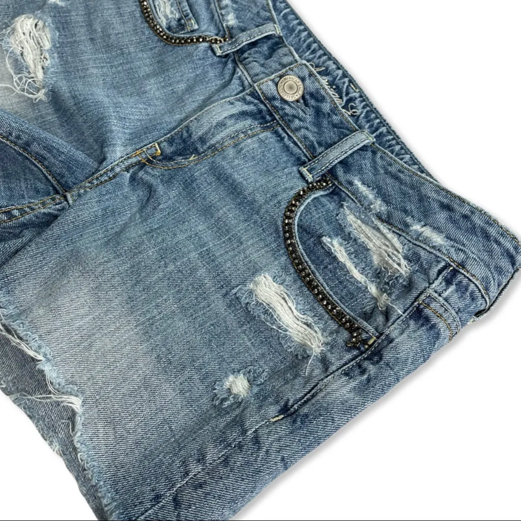 American Eagle Distressed Denim Rhinestone Trim Raw Edge Shorts Size 10 - Image 3