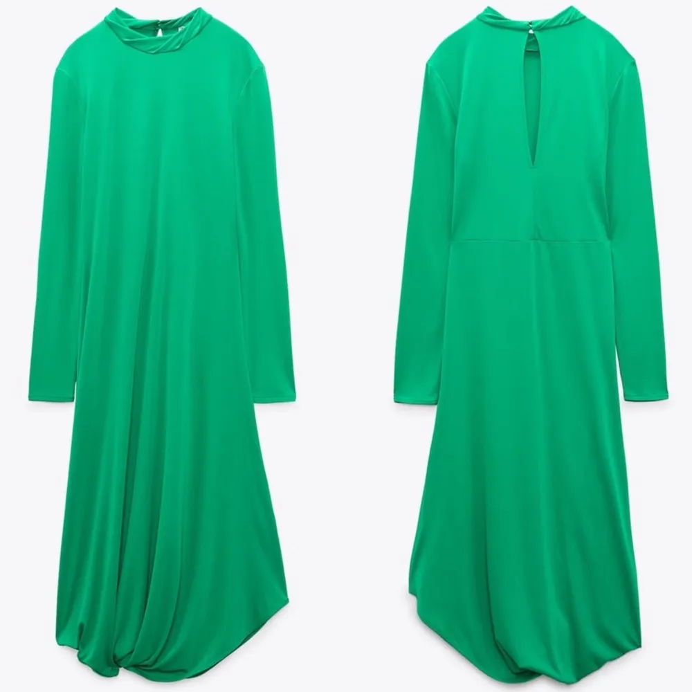 Zara Long Sleeve FLOWY DRAPED DRESS HIGH COLLAR Pleat Detail Asymmetric Hem NEW - Image 8