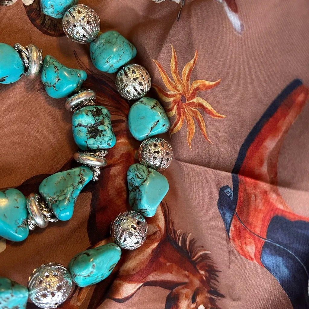 Large Fashion Jewelry Turquoise and Silver Beaded Necklace & Bracelet Set - Image 2