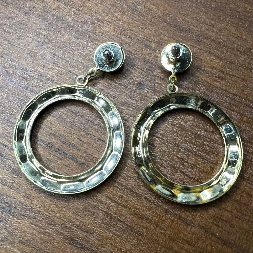 Vintage Womens Circle Hoop Stud Dangle Earrings Gold Tone Metal 70s 80s - Image 4