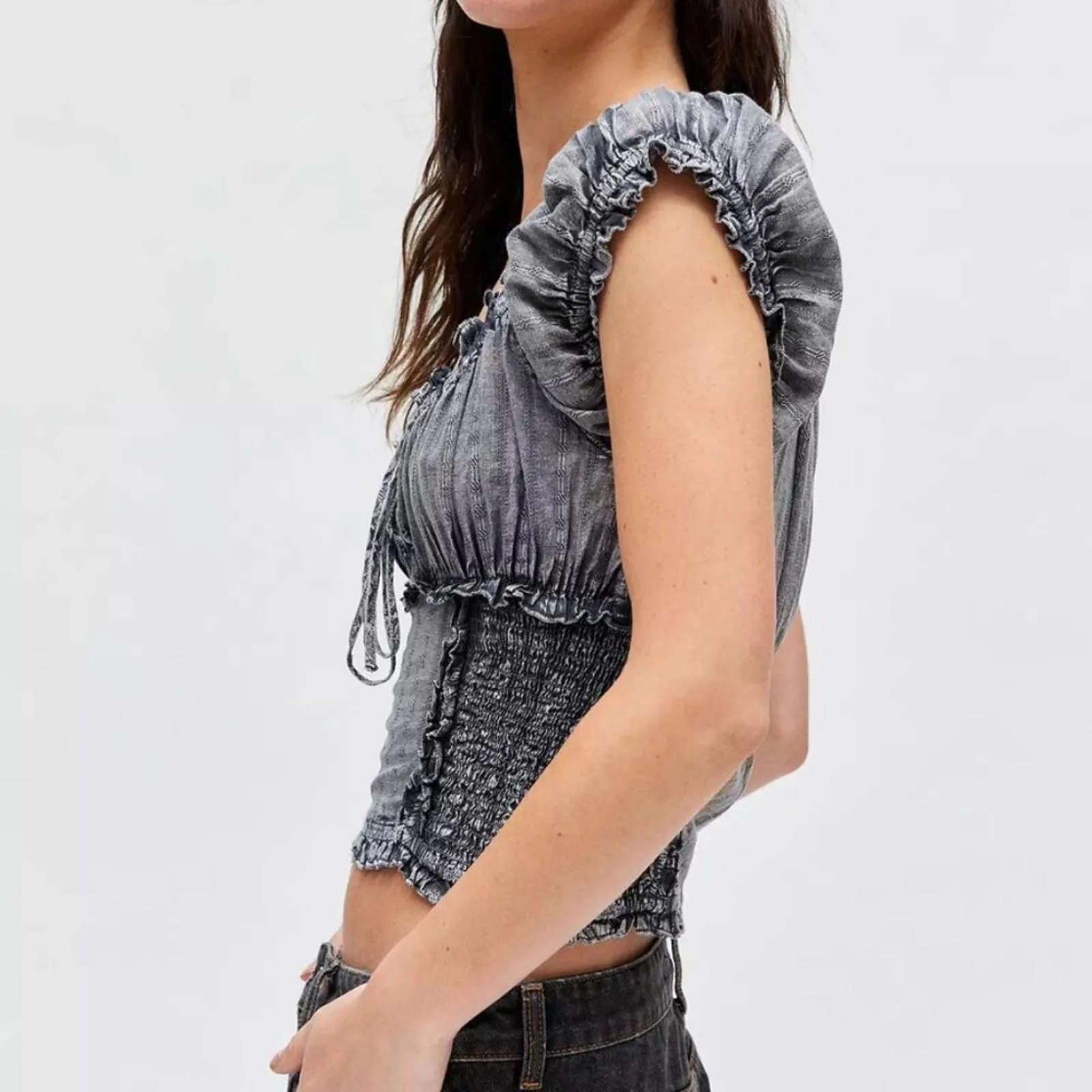 UO Kimchi Blue Nicole Scoop Neck Cropped Blouse Urban Outfitters NWT Black Grey - Image 3