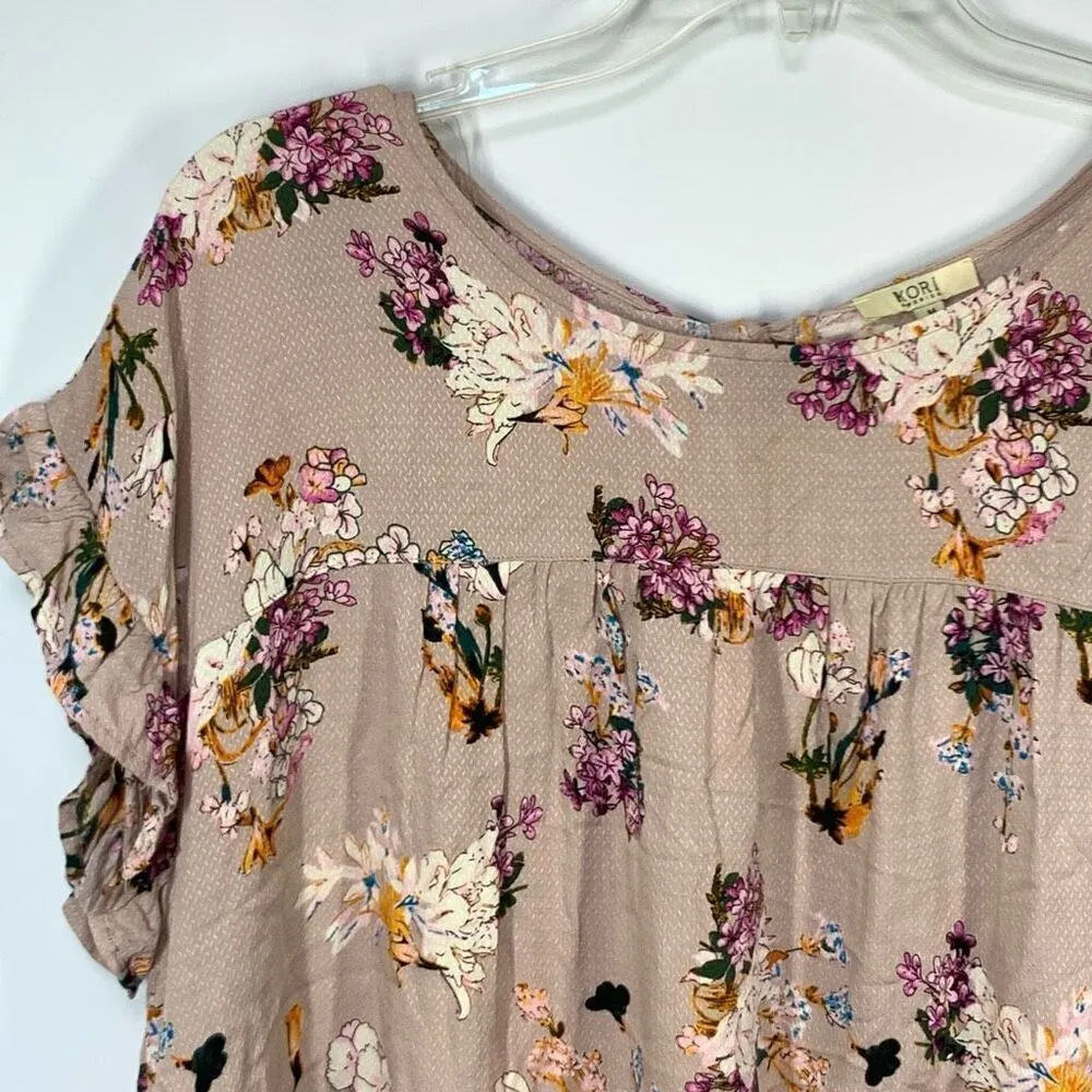 Kori America Women’s Floral Ruffle-Sleeve Blouse Beige Pink Size Medium - Image 5