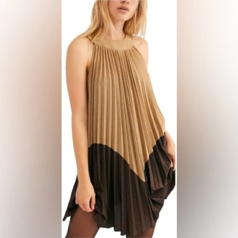 Free People Women's Pleated Love Metallic Gold & Brown Sleeveless Mini Dress XS - Image 5