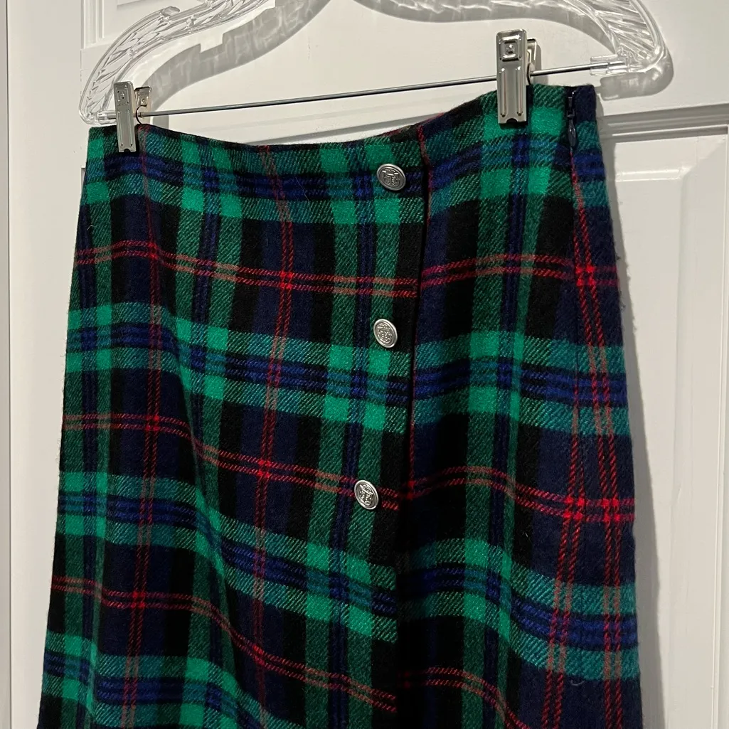 Talbots Plaid Button Front Faux Wrap Mini Skirt Green Tartan Wool Blend Size 4 - Image 3