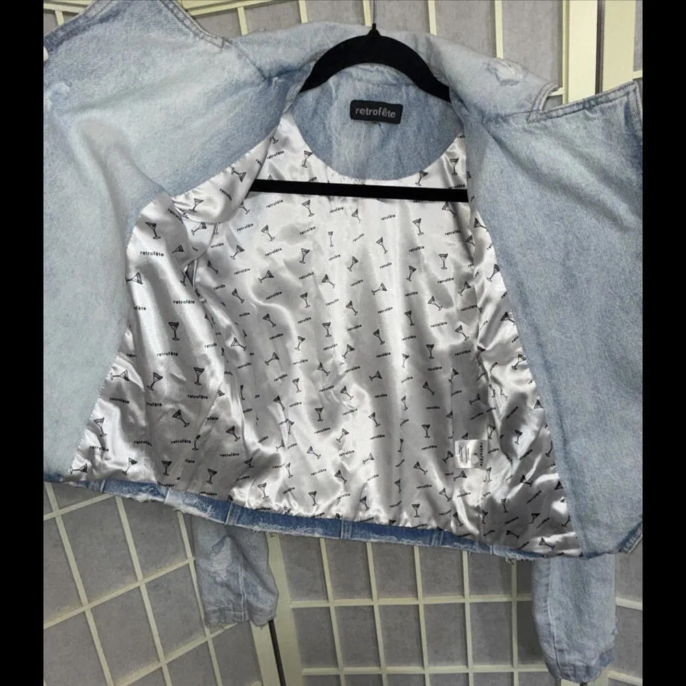 Revolve Retrofête Vivienne Denim Distressed Preppy Designer Jacket SMALL Blue - Image 7