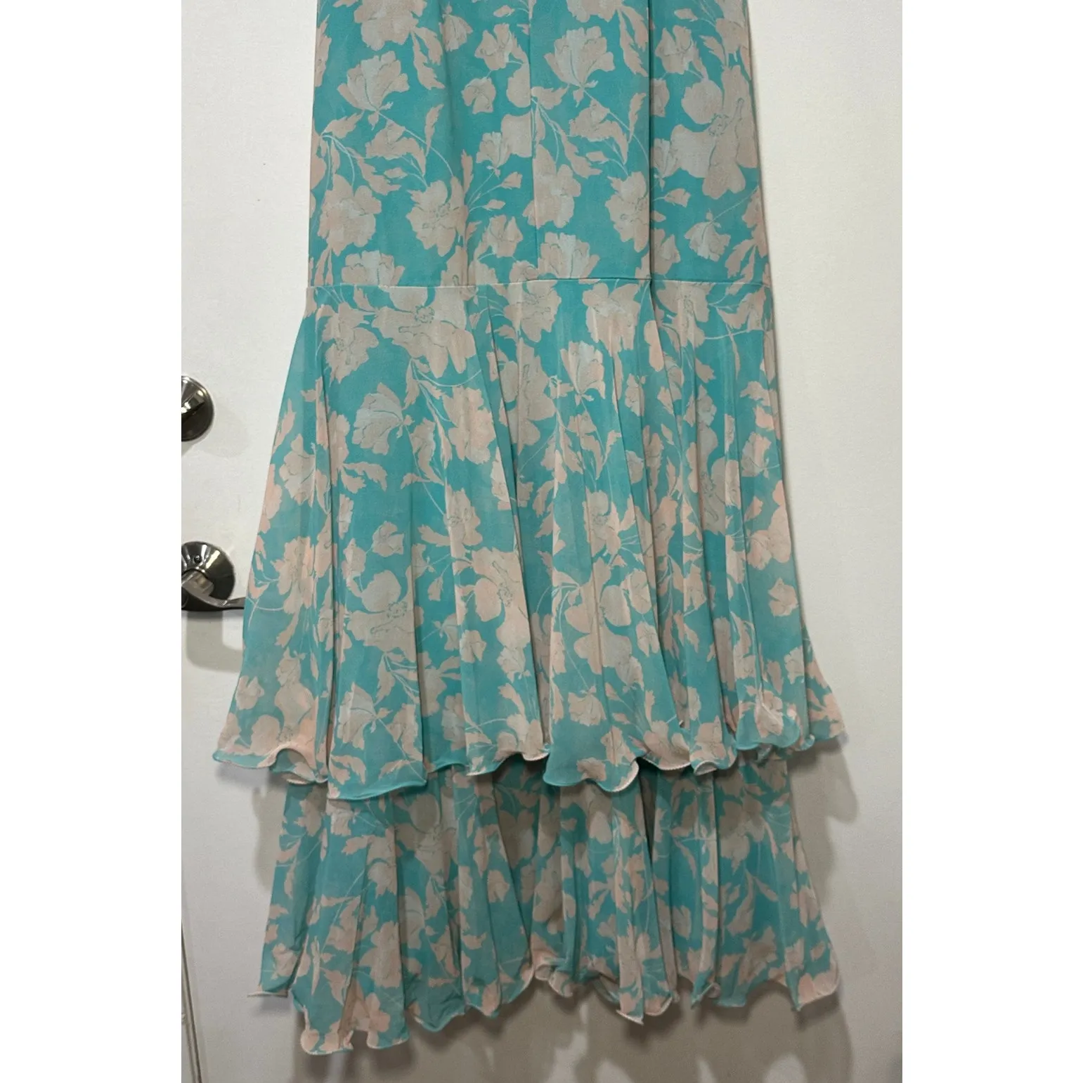 Hutch Trinity Ruffled Chiffon Wrap Maxi Dress Teal Floral Size Large NWT Wedding - Image 13