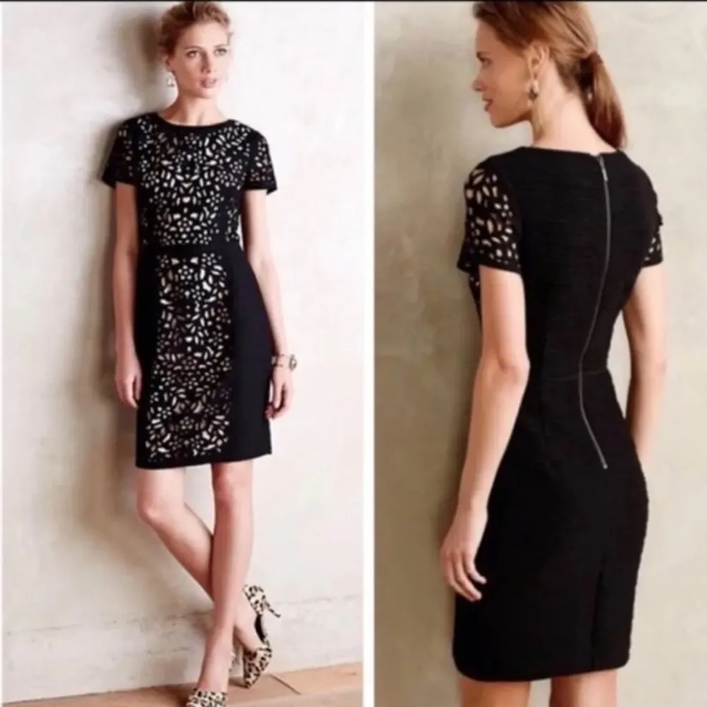 ANTHRO MAEVE LASER CUT BASALT BLACK SHORT SLEEVE SHEATH DRESS 8 - Image 3