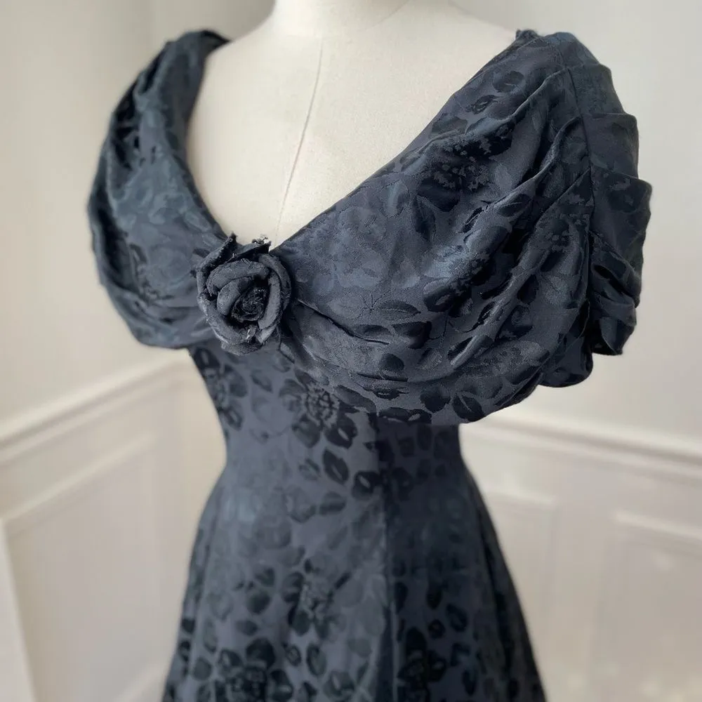 Vintage 80s 90s Off Shoulder Jacquard Short Dress Drama XS Black - Image 4