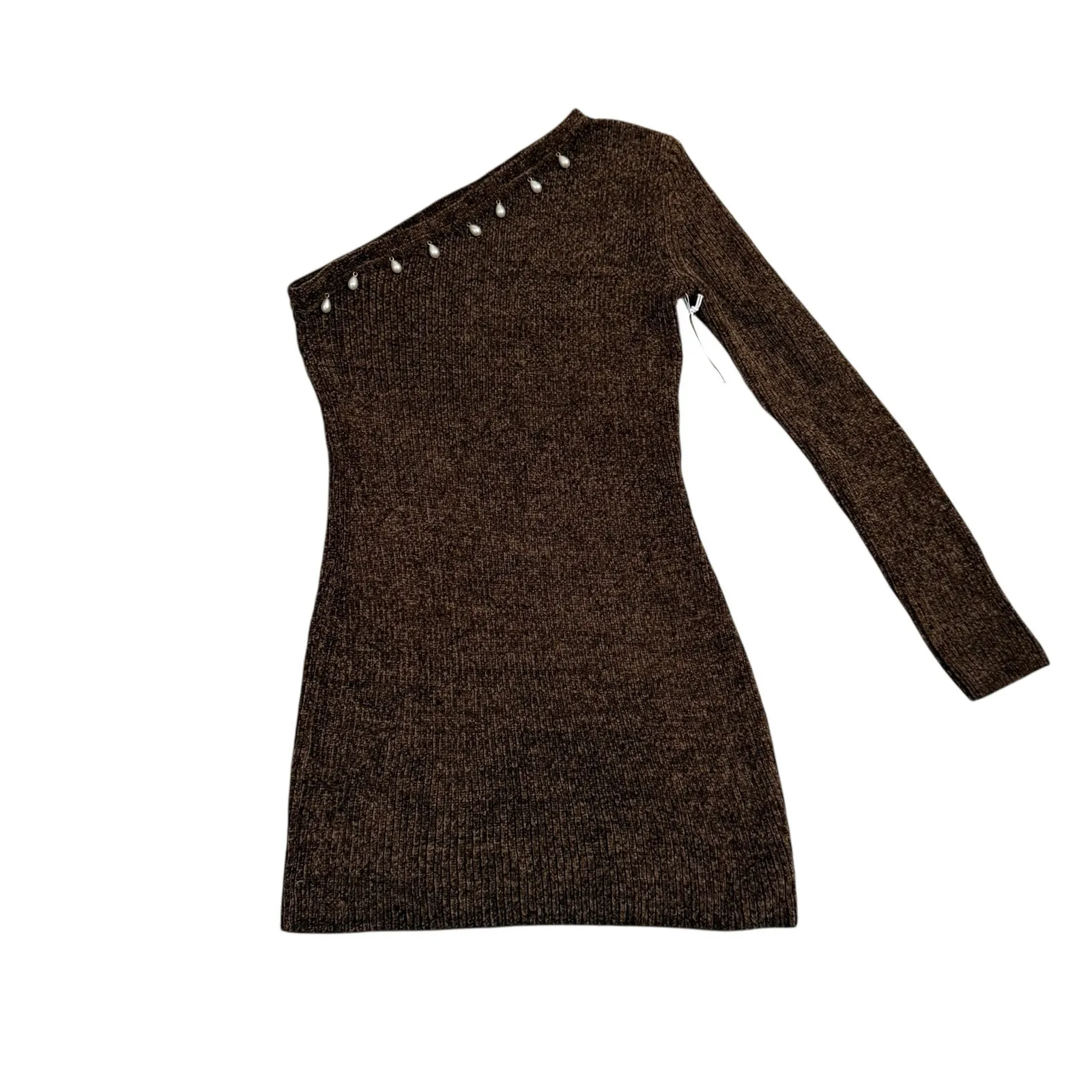 Staud Lindsey Dress Mocha off shoulder long sleeve dress pearl beaded collar NWT - Image 7