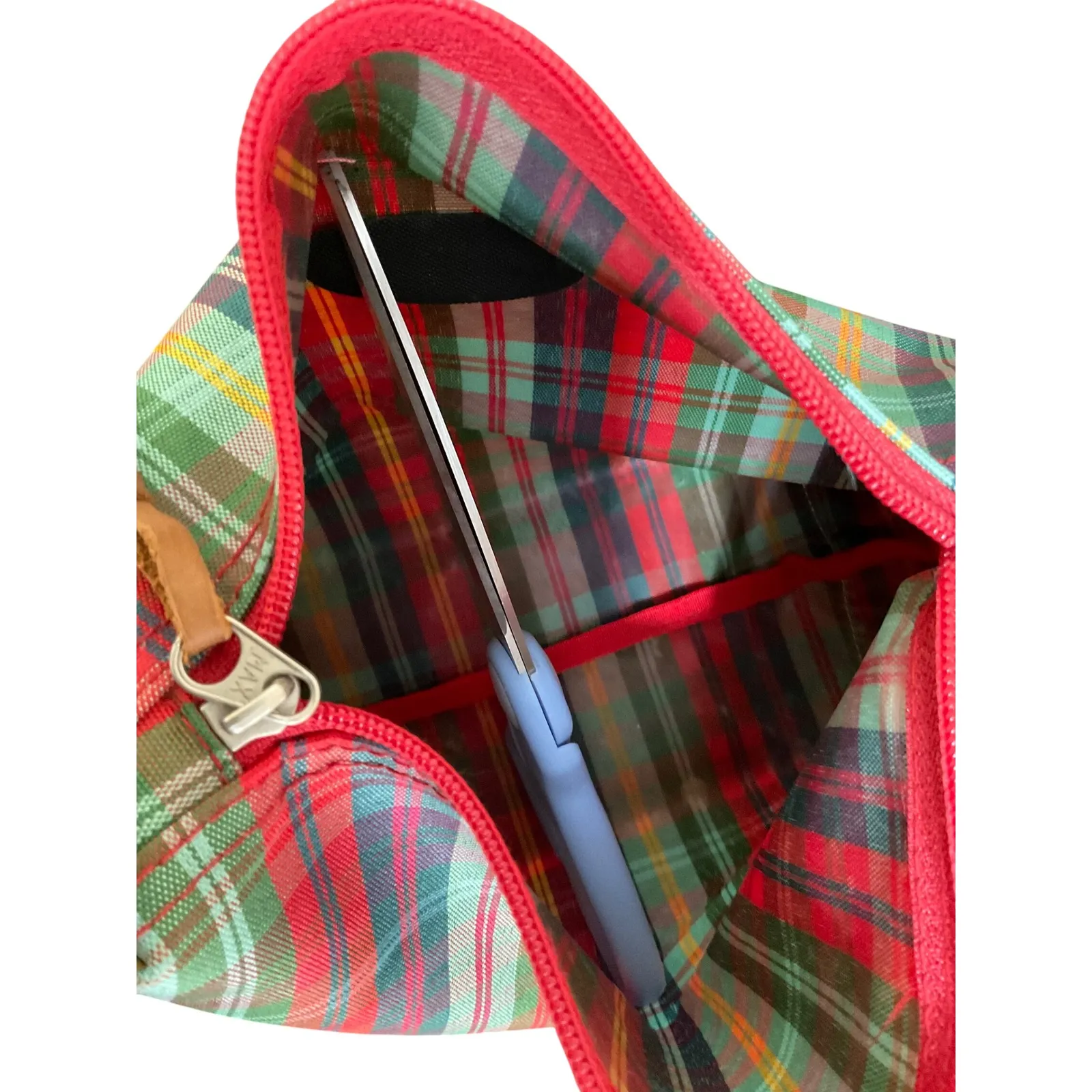 Esprit Plaid Cosmetic Bag Pouch Travel Makeup Toiletry Organizer Red Green Tan - Image 7