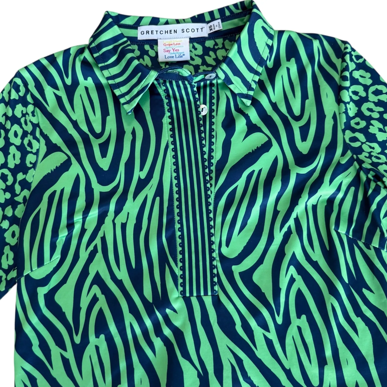 Gretchen‎ Scott Everywhere Jersey Dress Animal Print Collared 3/4 Sleeve Sz XS Green - Image 2