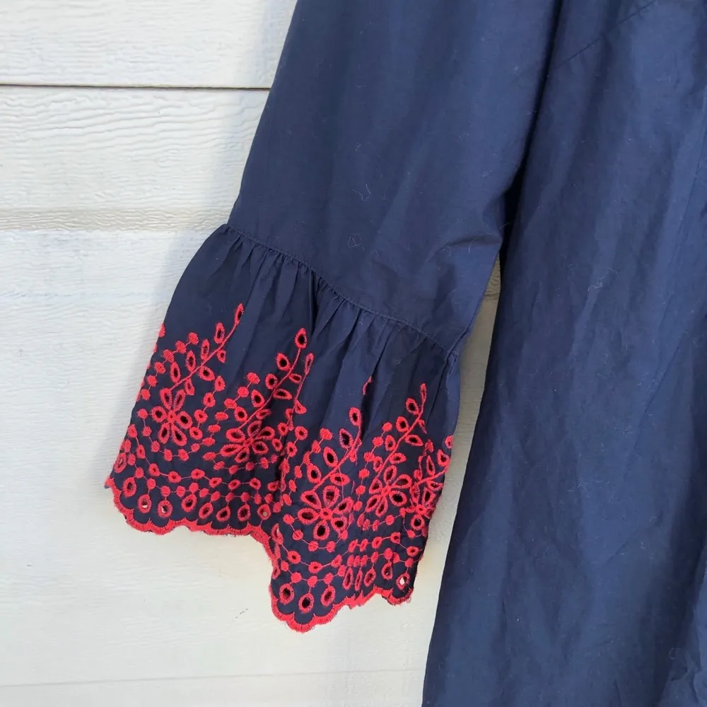 J Crew Women’s Dress Blue Red Eyelet Embroidered Bell Sleeve Scallop Hem Small - Image 6
