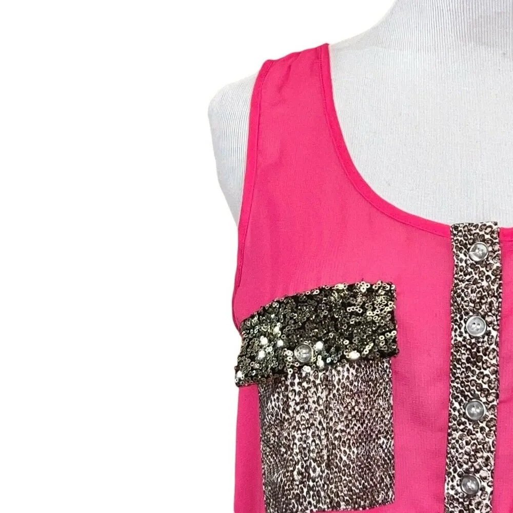 Daytrip  From Buckle Sequin Leopard Print Sheer Tank Top‎ Medium Pockets Blouse - Image 2