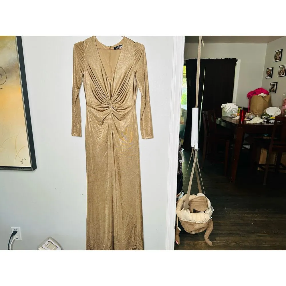 LAUREN RALPH LAUREN Gold Foil Print Twist Front Nadira Jersey Gown Size 4 - Image 6