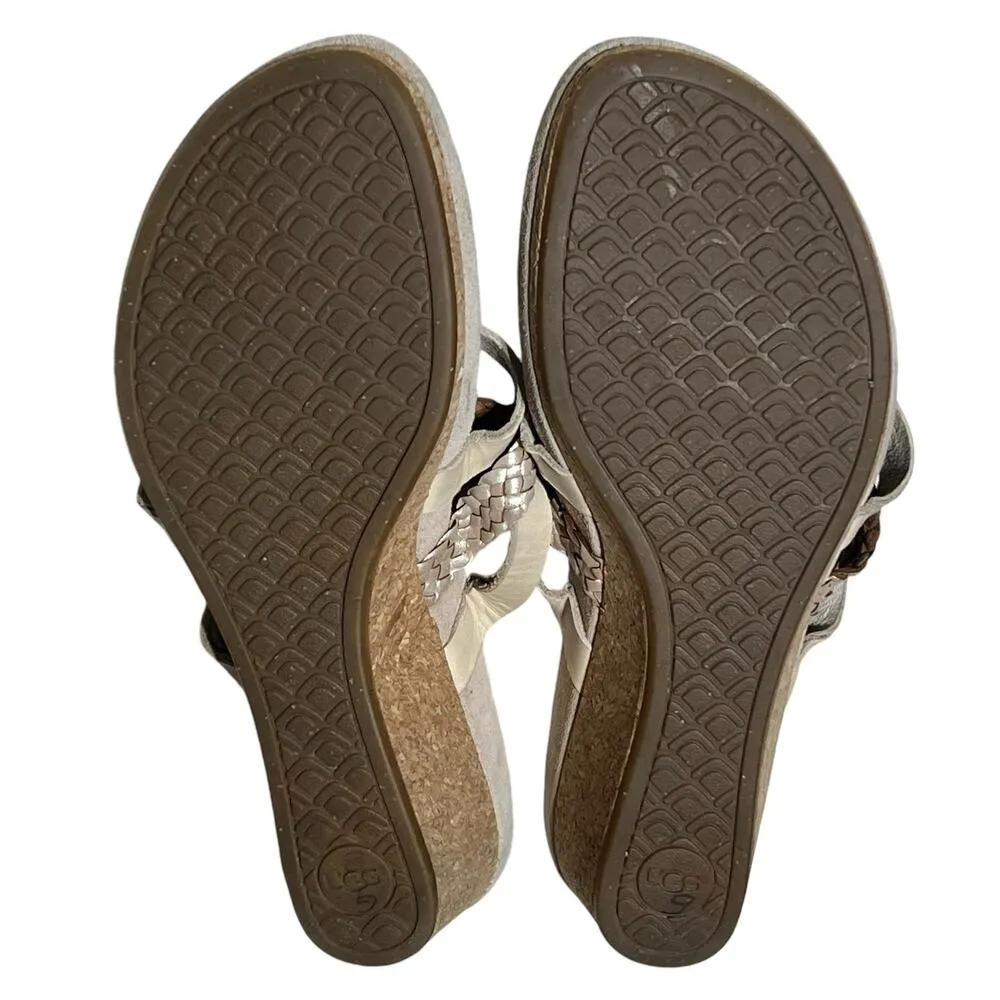 UGG Sandals Womens 8 Tan Leather Maddie Wedge Cork Slip On Braided Strap Comfort - Image 10