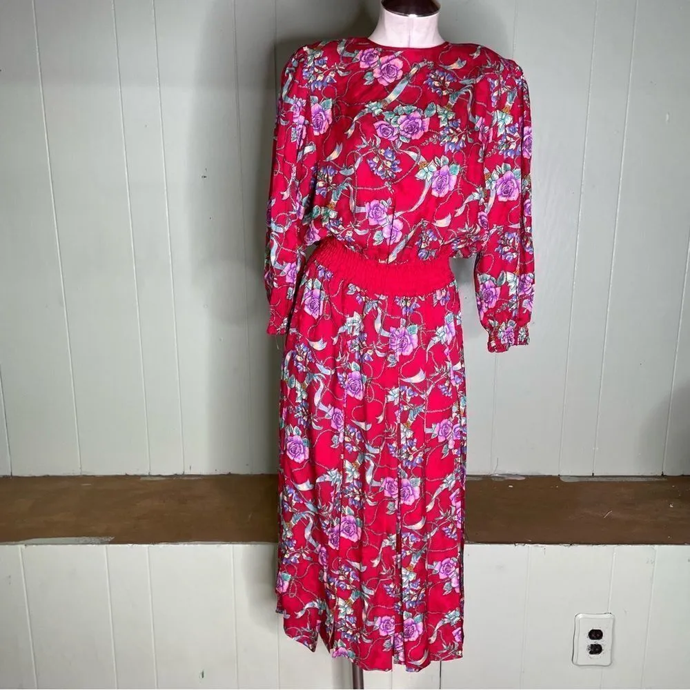 Vintage 80s Designer Diane Freis 100% Silk Beaded Plunge‎ Floral Midi Dress S M Red - Image 6