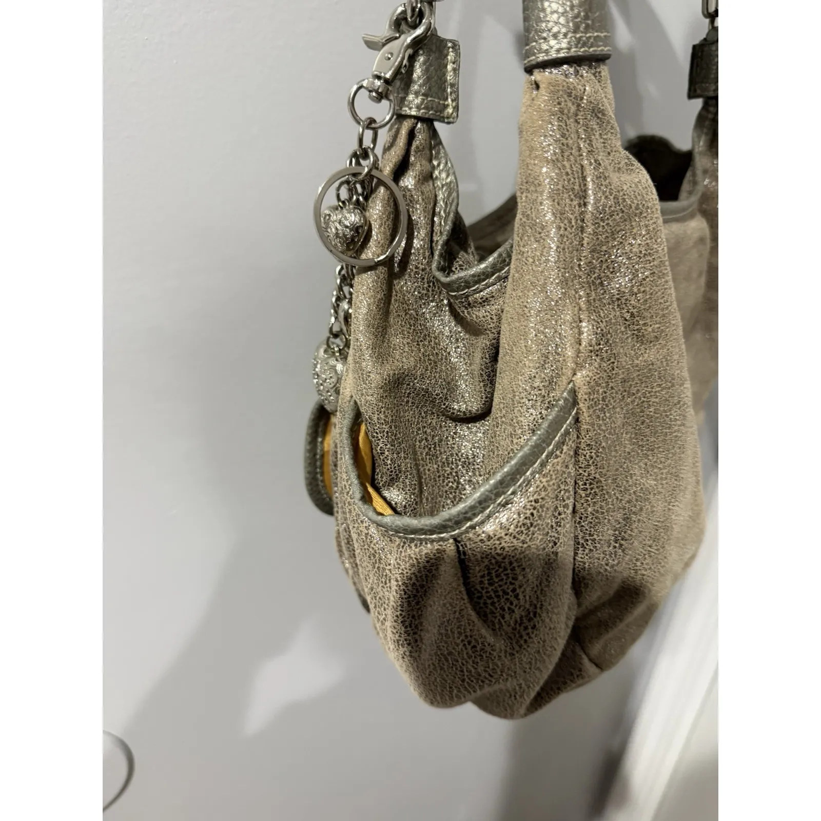 Kathy Van Zeeland Silver Satchel Bag Double Pocket Crown Logo Heart Charms Y2K W - Image 11